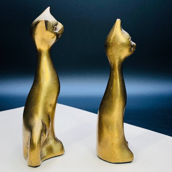 80s Brass Long Neck Alley Cat COUPLE Figurines Set, Vintage Gold Tone Statuettes - Picture 6 of 11